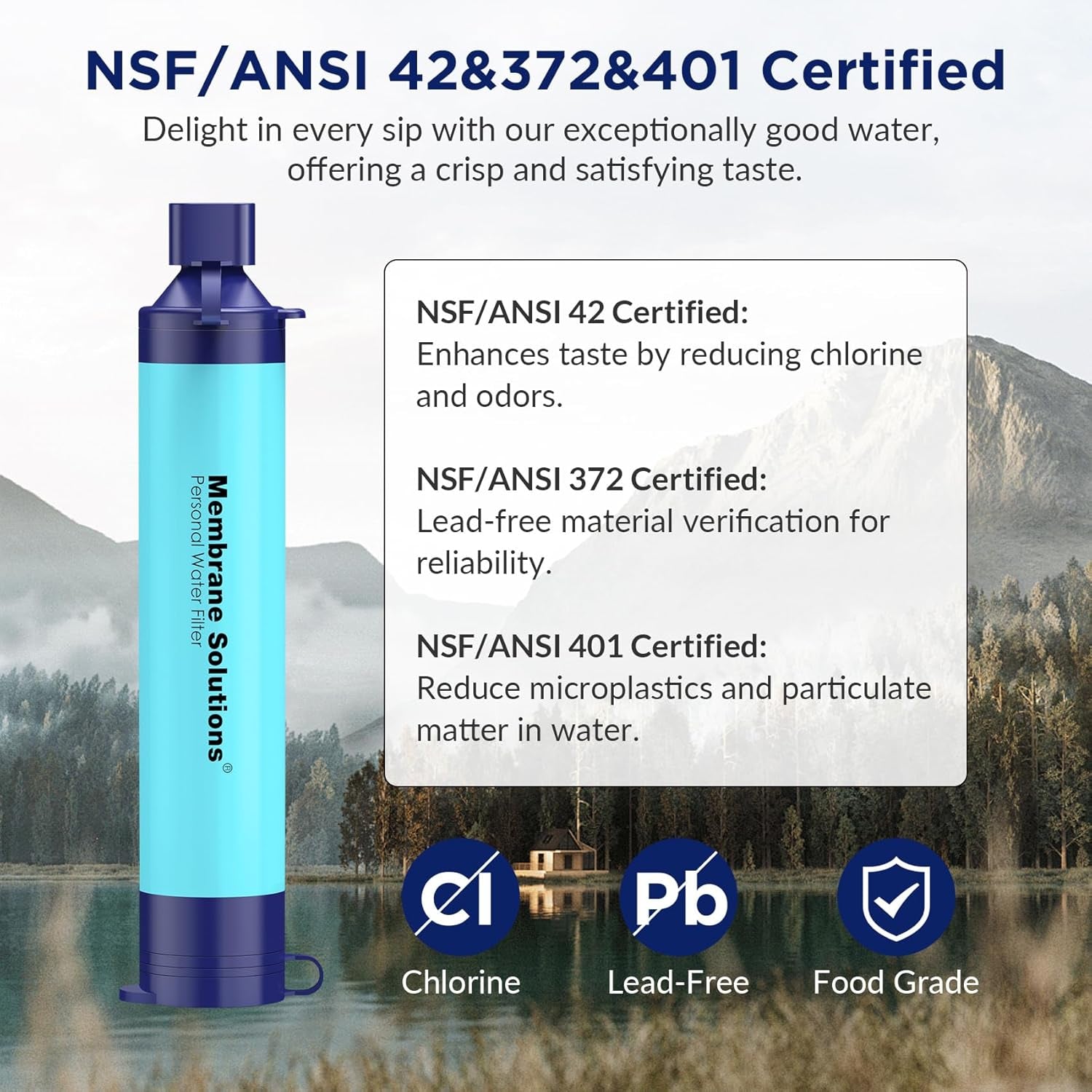 Membrane Solutions Straw Water Filter S1, NSF/ANSI 42&372&401 Certificated, Survival Filtration Portable Gear, Emergency Preparedness, Supply for Drinking Hiking Camping Team Family Outing