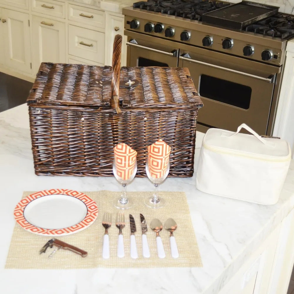 Picnic Basket in Brown Wicker with Diamond Orange Design