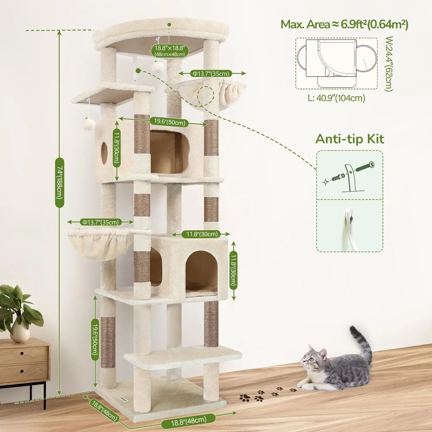 Heavy Duty 74in Cat Tree for Large Cats