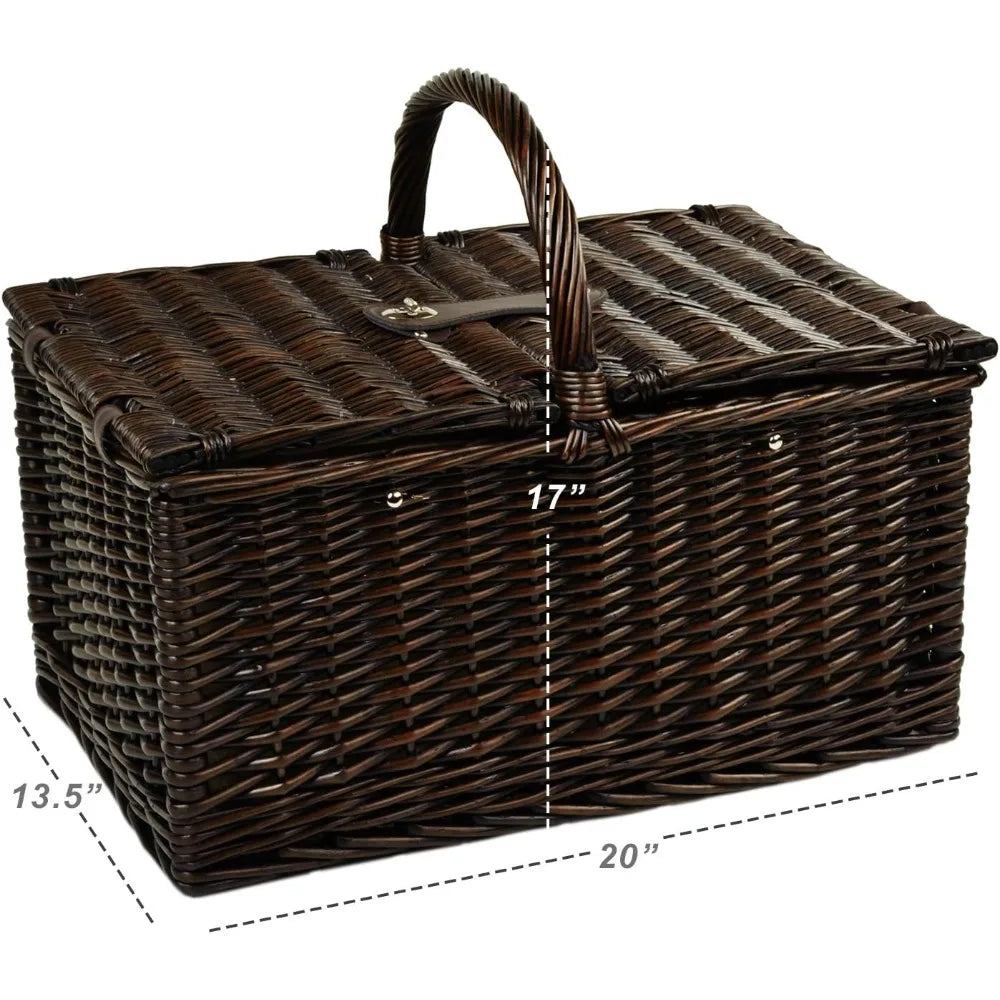 Picnic Basket in Brown Wicker with Diamond Orange Design