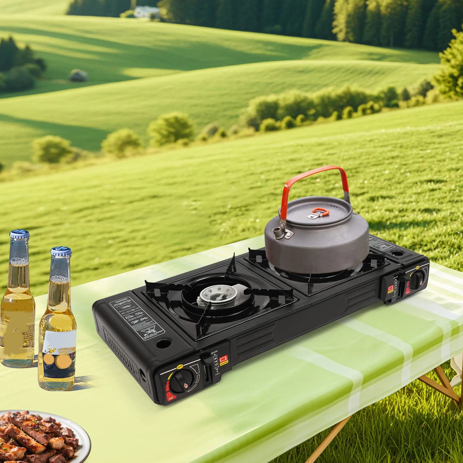 2500W Portable Camping Stove 2 Burners Camping Stove with Baking Tray