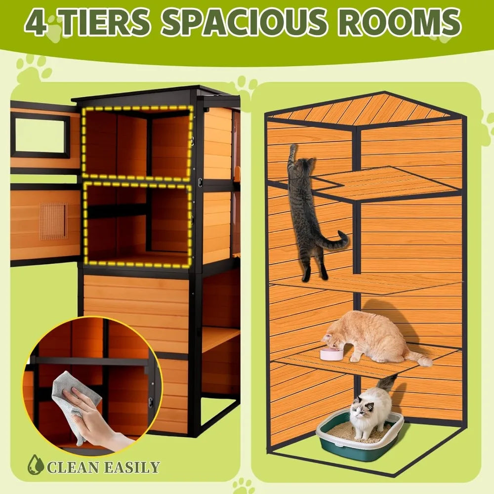 Catio Outdoor Cat Enclosures, Large 4 Tiers Wood Cat House