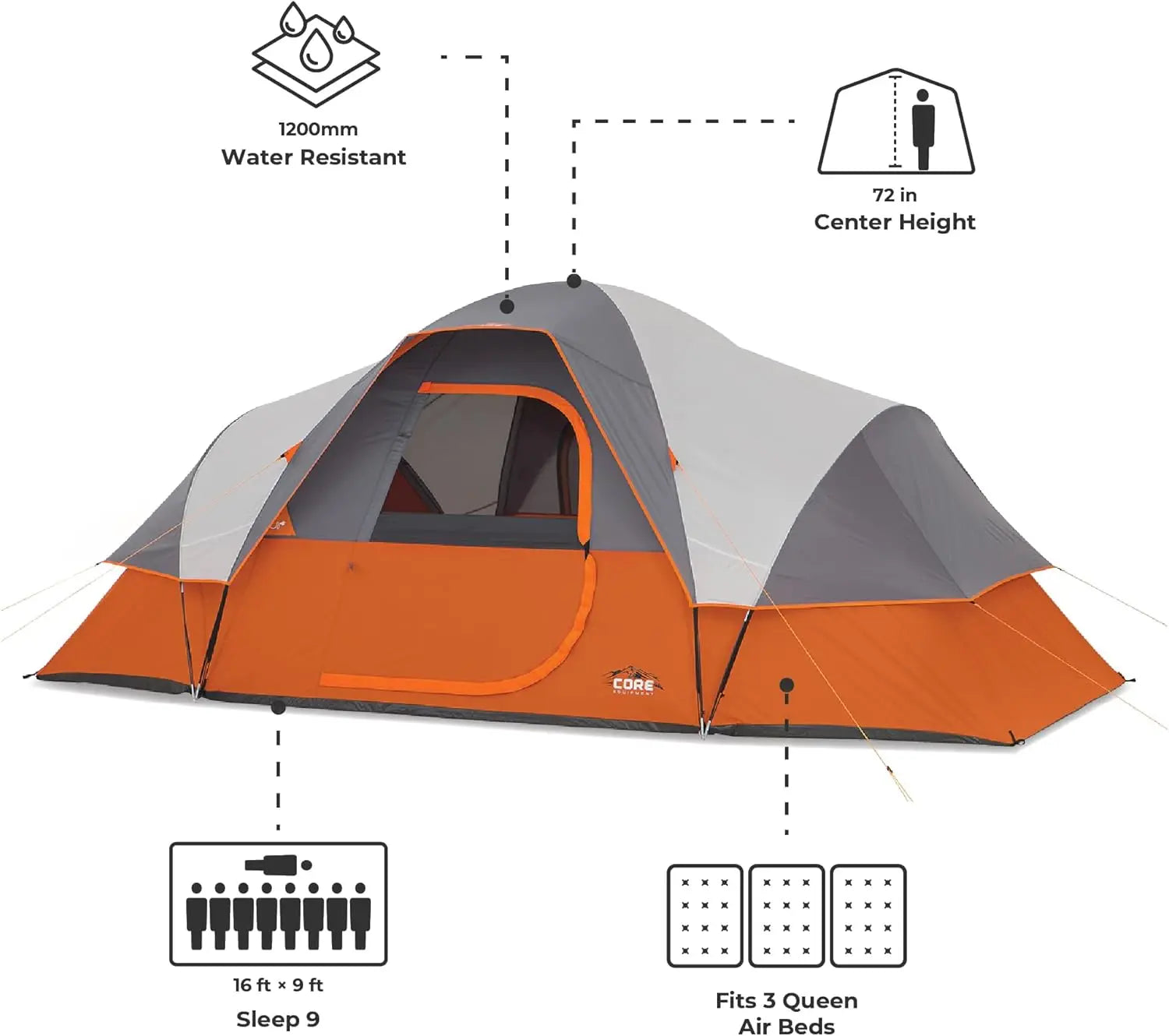 Family Camping Tent for 3-9 People, Dome Design
