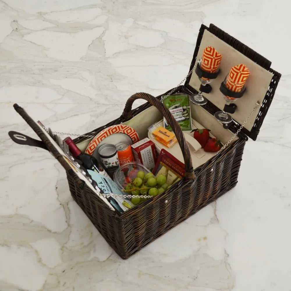 Picnic Basket in Brown Wicker with Diamond Orange Design