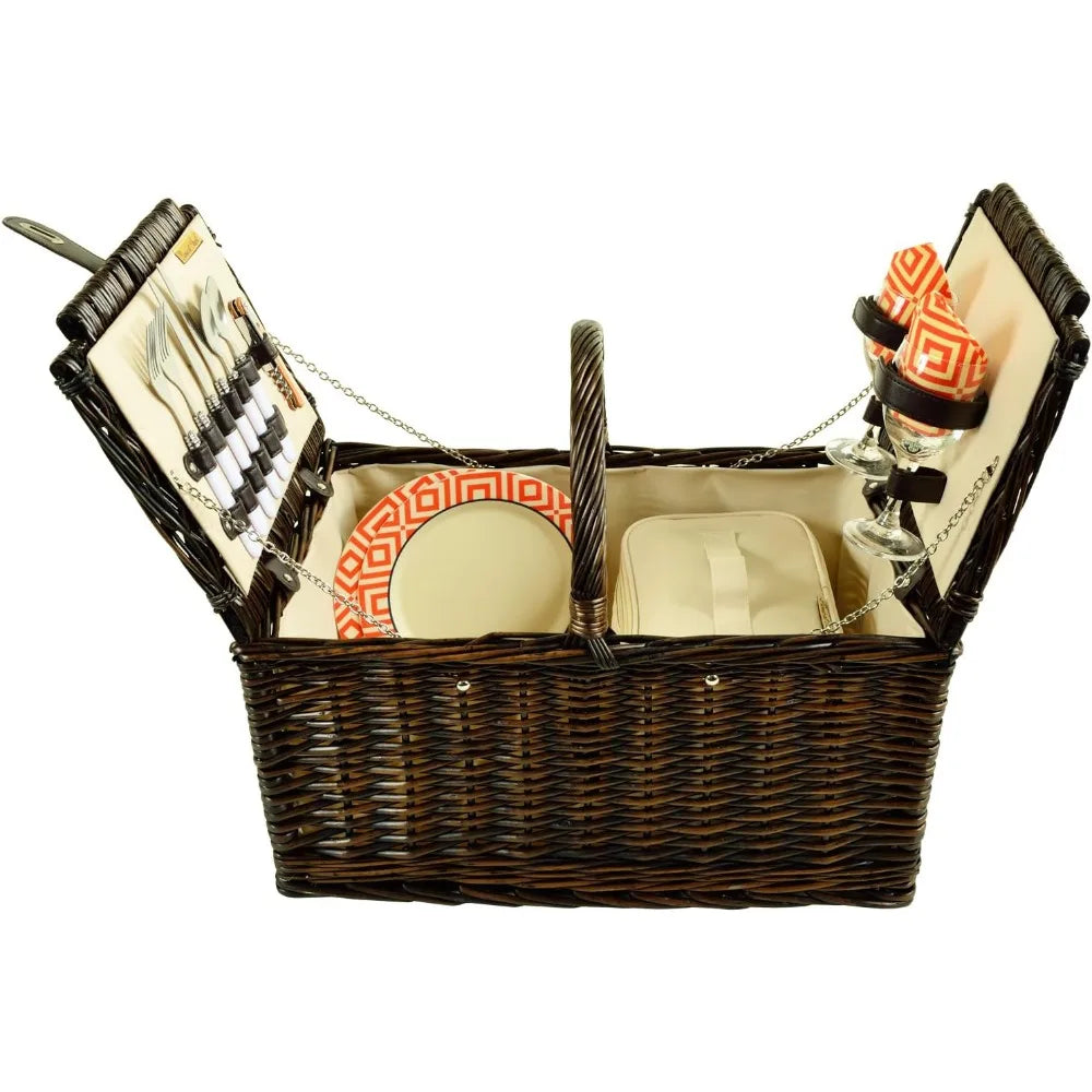 Picnic Basket in Brown Wicker with Diamond Orange Design