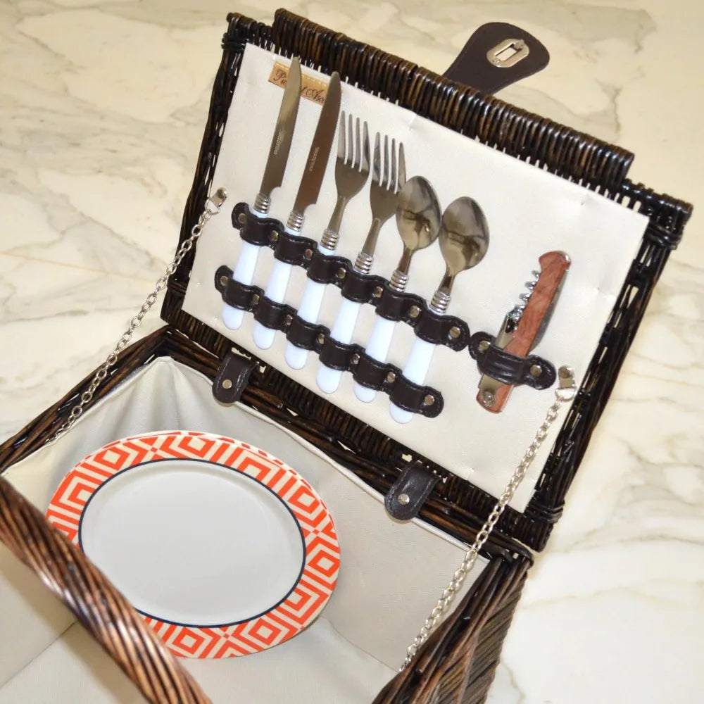 Picnic Basket in Brown Wicker with Diamond Orange Design