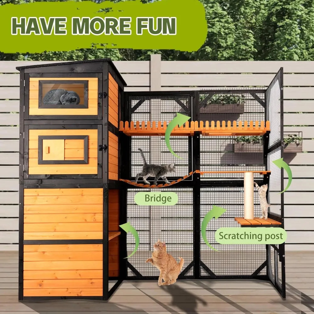 Catio Outdoor Cat Enclosures, Large 4 Tiers Wood Cat House