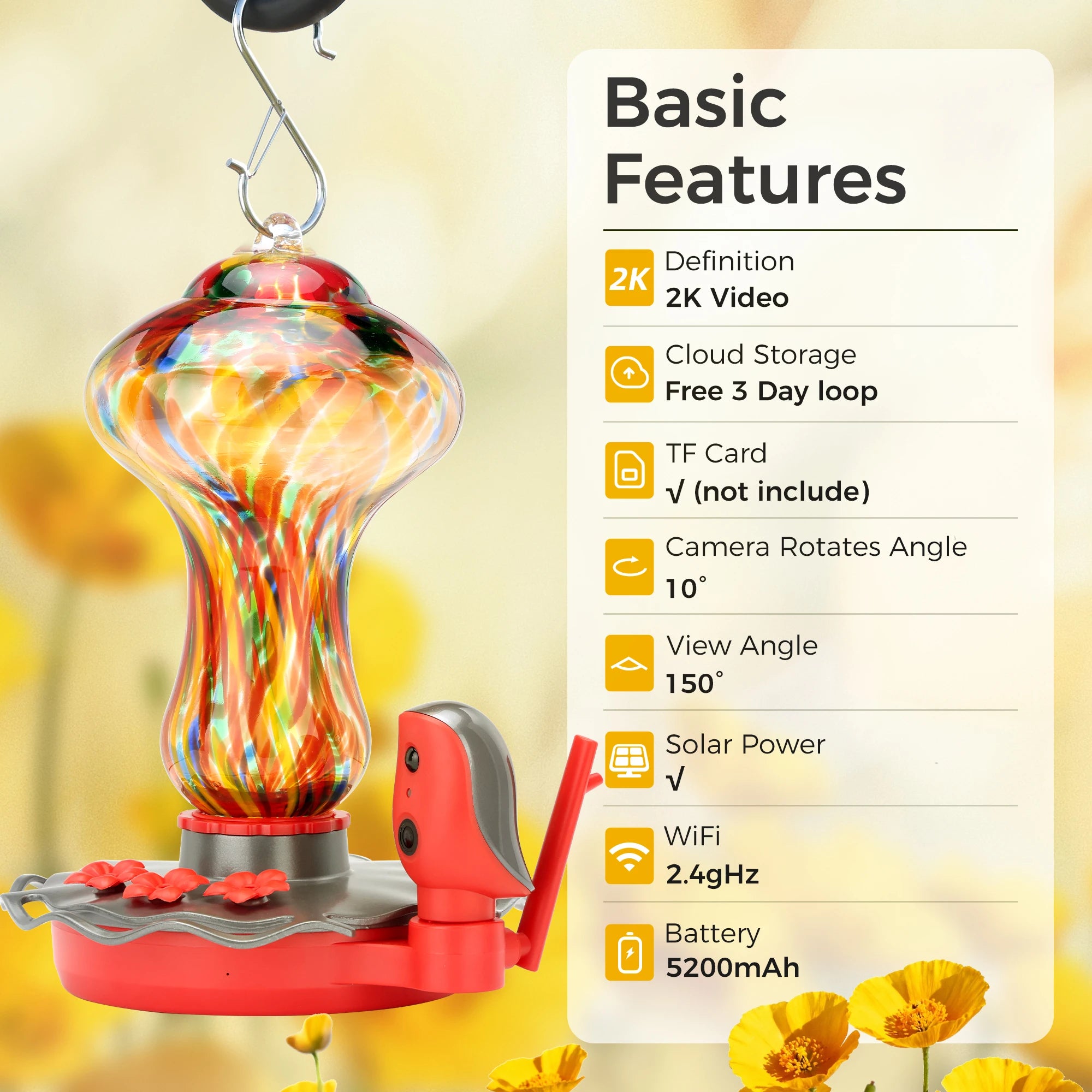 Glass Smart Hummingbird Feeder with Camera Solar Powered