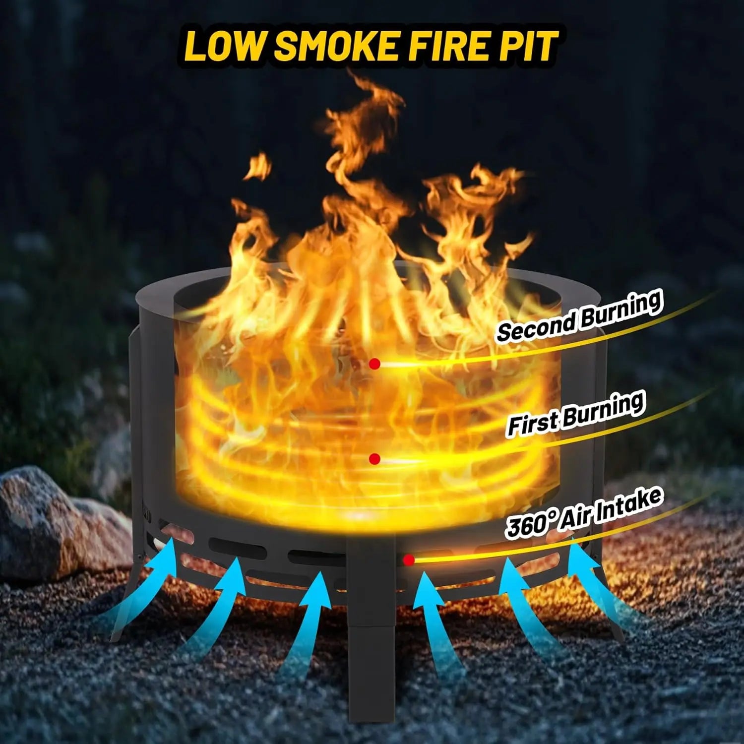 Smokeless Firepit- Low Smoke Outdoor Fire Pit with Folding Feet