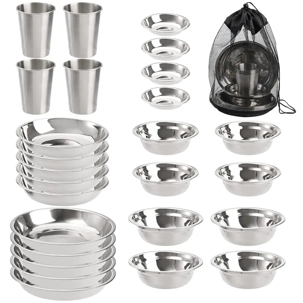 Set Of 26 Stainless Steel Camping Plates And Bowls